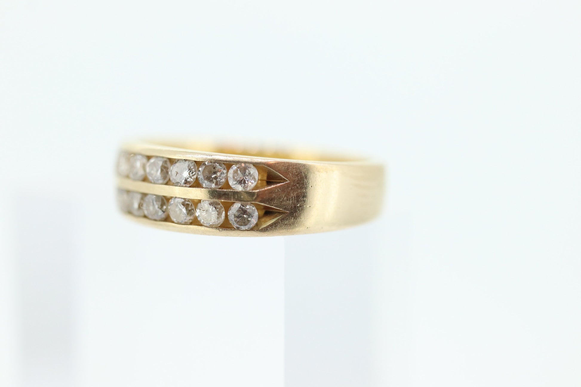 14k Double Row Diamond Wedding Band. Two row diamond channel ring eternity infinity wide band. Comfort fit. st(119)