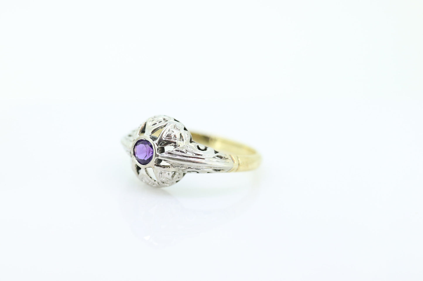 Art Deco Amethyst Ring. 18k White Gold Filigree Design. Engagement Ring from Art Deco 1920 Era. Statement band. February Stone