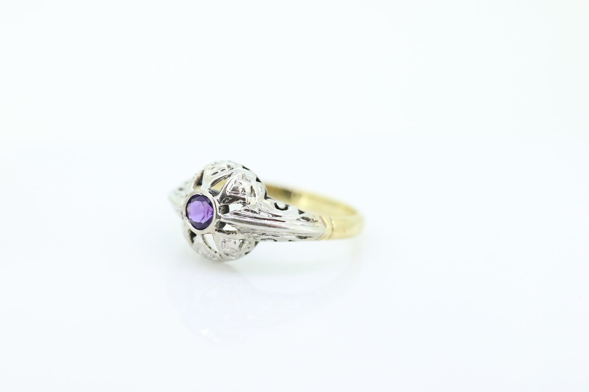Art Deco Amethyst Ring. 18k White Gold Filigree Design. Engagement Ring from Art Deco 1920 Era. Statement band. February Stone