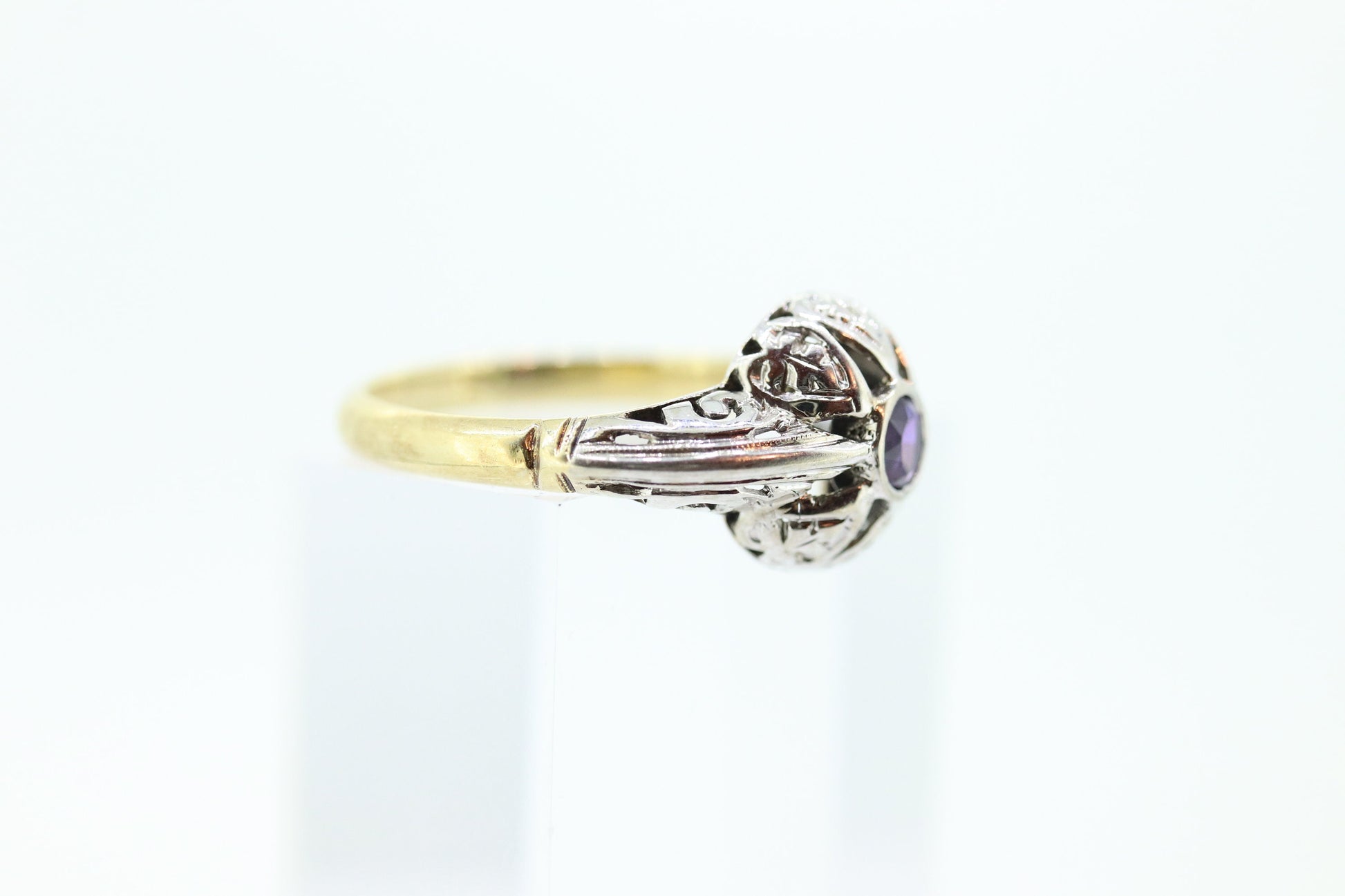 Art Deco Amethyst Ring. 18k White Gold Filigree Design. Engagement Ring from Art Deco 1920 Era. Statement band. February Stone