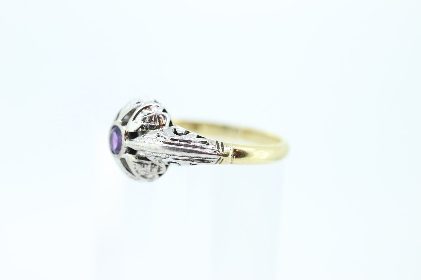 Art Deco Amethyst Ring. 18k White Gold Filigree Design. Engagement Ring from Art Deco 1920 Era. Statement band. February Stone