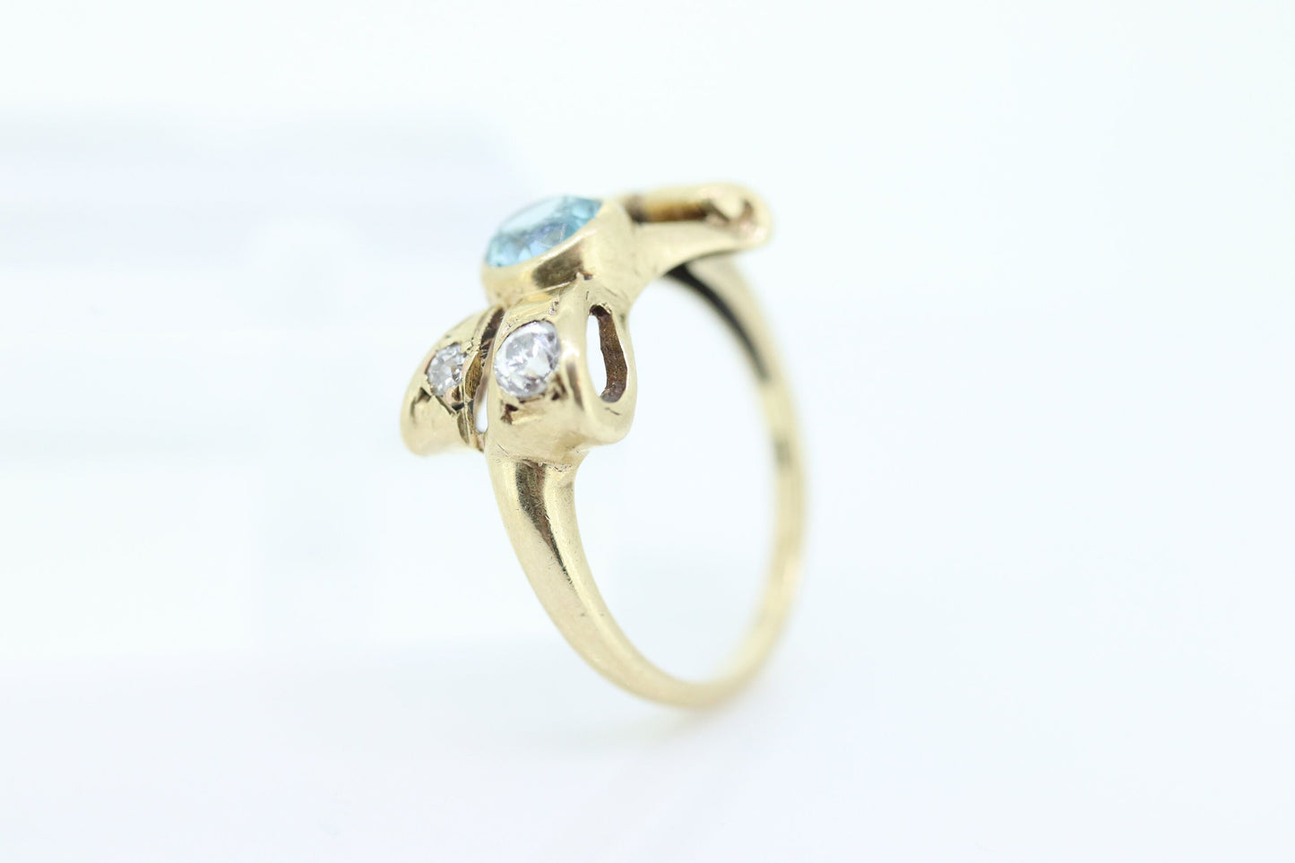 Antique LONDON Blue topaz and Diamond ring. Bezel Topaz and Diamond Bow Knot Love ring. st(88/33)