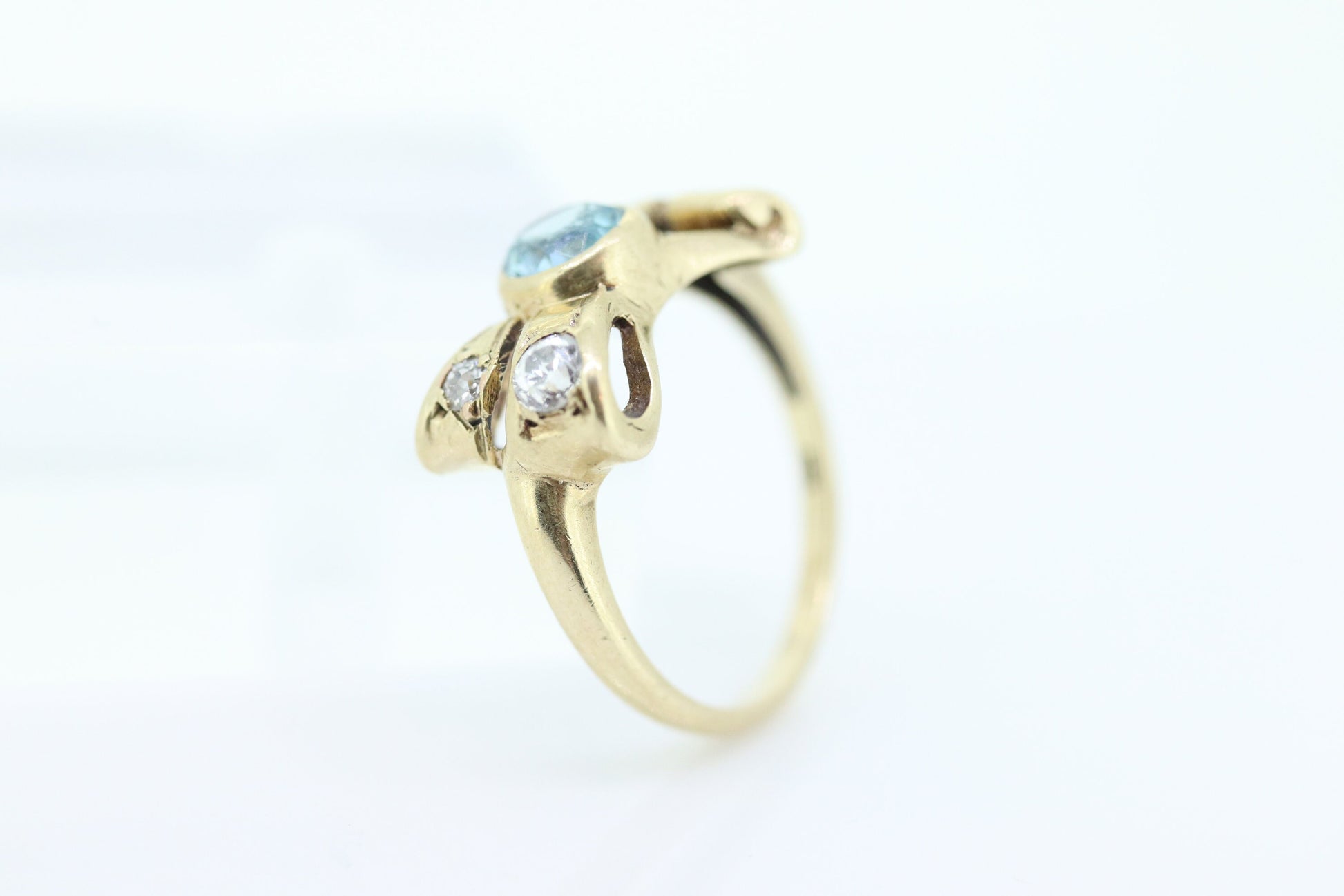 Antique LONDON Blue topaz and Diamond ring. Bezel Topaz and Diamond Bow Knot Love ring. st(88/33)