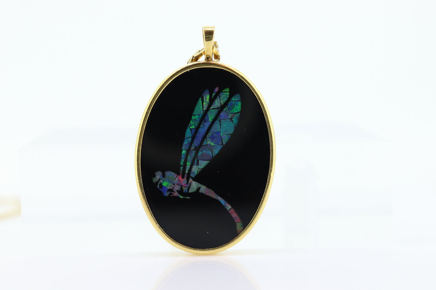 Opal Mosaic Onyx Pendant. 14k Yellow Gold Medallion. Dragonfly Dragon fly cluster opal inlay onyx charm necklace. (st117/87)