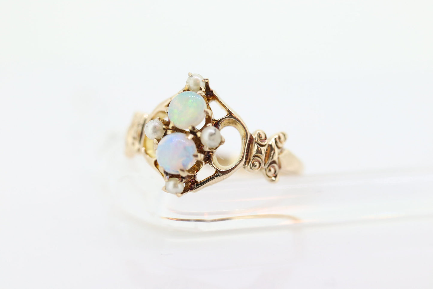 Victorian Double Opal and Pearl Seed ring. Antique 10k Yellow Gold Opal Pearl Seed Victorian Ring.