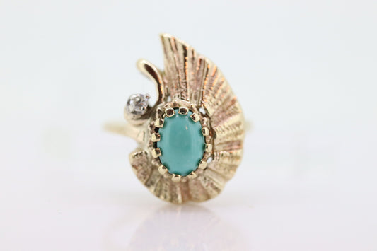14k Turquoise Cabochon and Diamond Ring. 14k Aquamarine Turquoise Diamond DROP Teardrop Flame Ring (106)