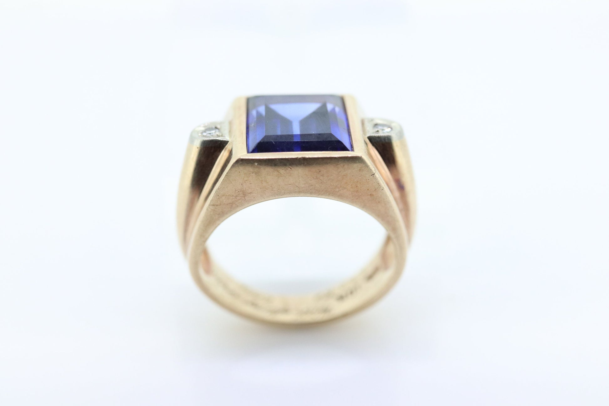 10k Sapphire ring. 10k Yellow Gold 1950s Mens Sapphire Diamond Heavy signet ring. Mens Heavy Signet ring st(178)