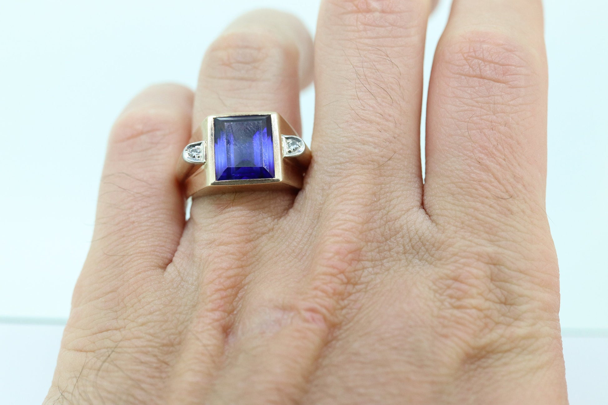 10k Sapphire ring. 10k Yellow Gold 1950s Mens Sapphire Diamond Heavy signet ring. Mens Heavy Signet ring st(178)