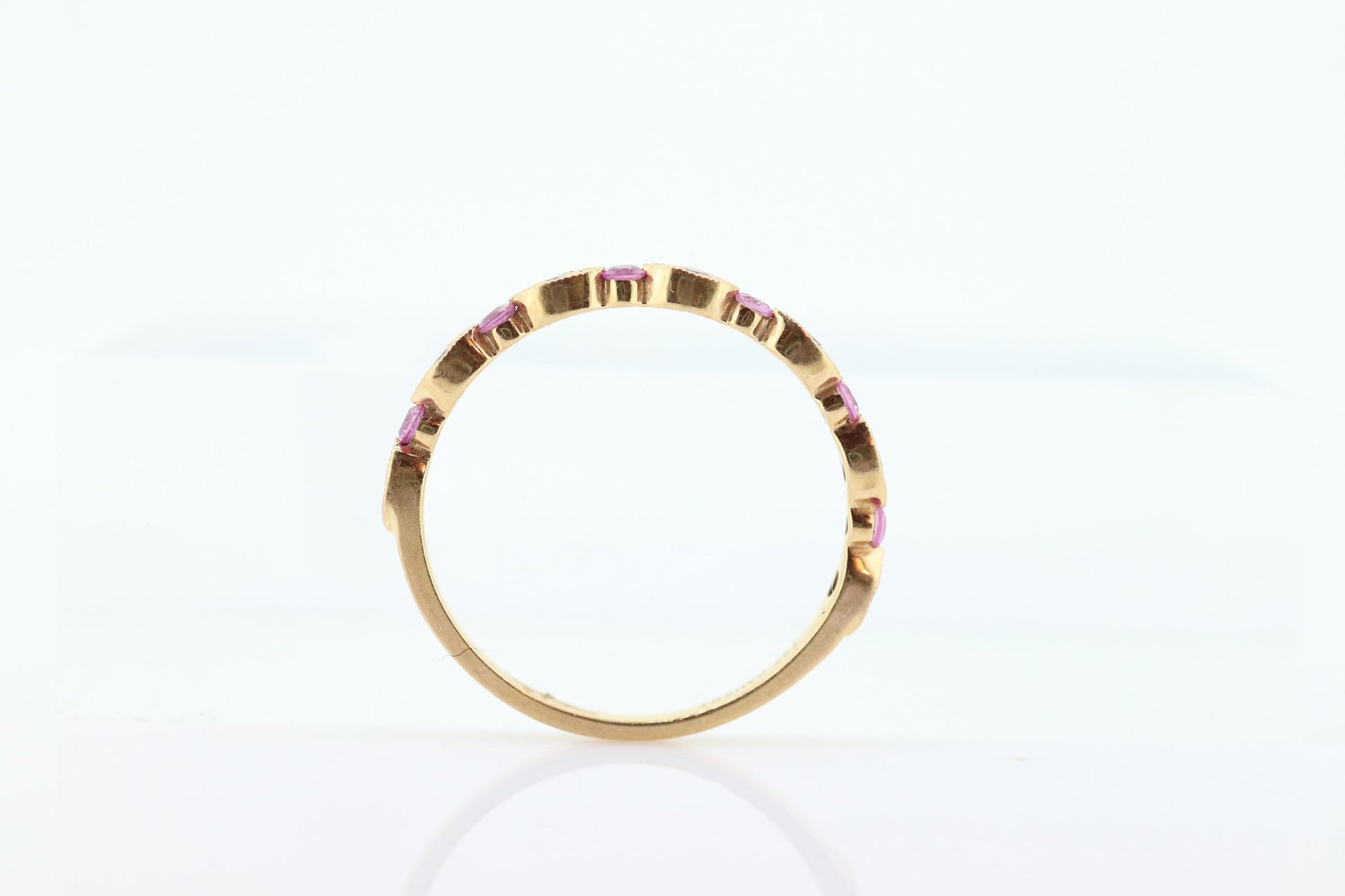 DAUSSI 18k Anniversary Ruby Diamond Ring. Henri Daussi 18k gold ring with round Ruby and diamond accents eternity band. st(253)