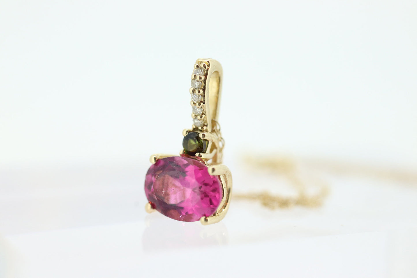 14k Tourmaline Solitaire Pendant. 14k Pink and Green Tourmaline Pendant. Pink Tourmaline necklace st(178)
