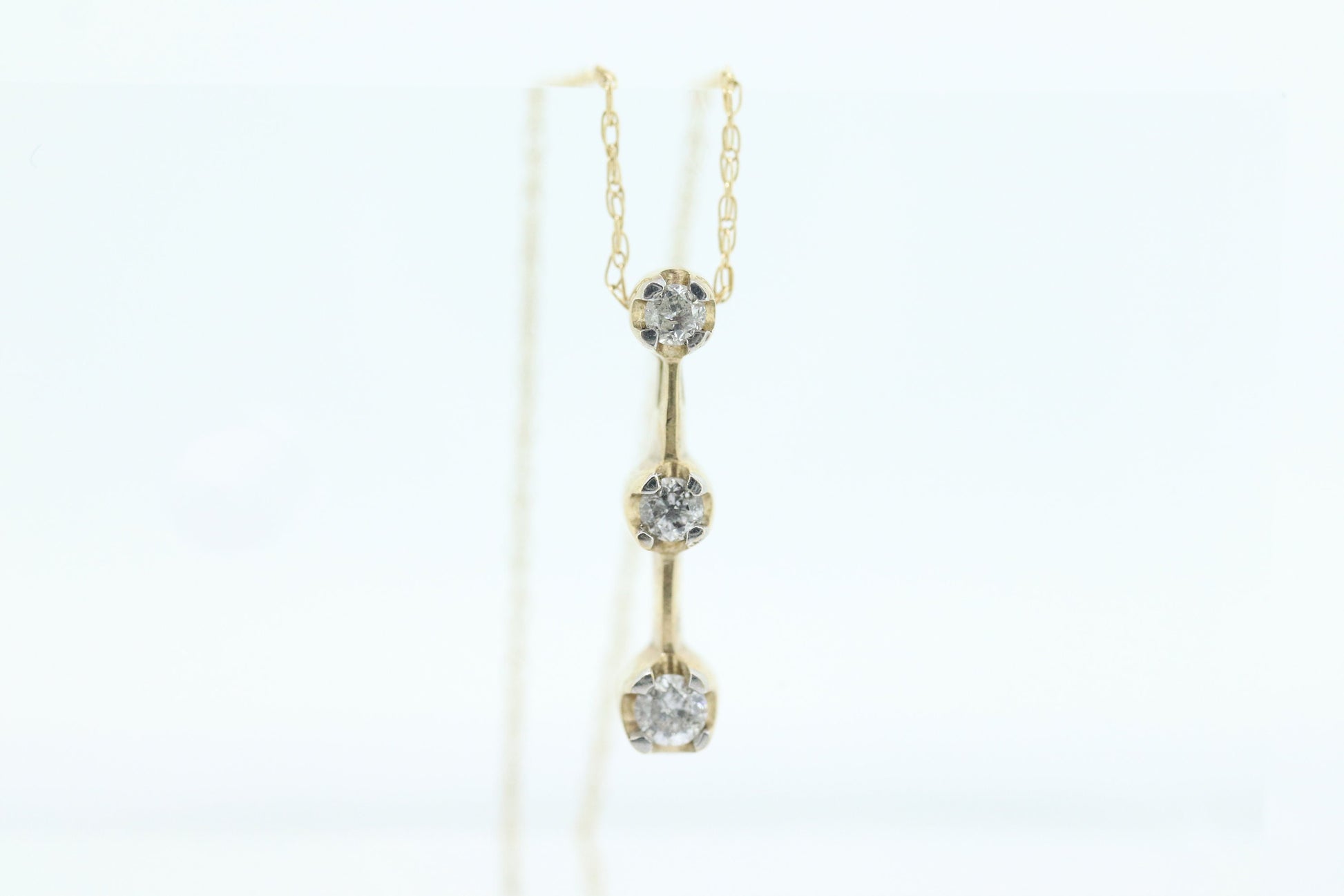10k Diamond Pendant and Necklace. Three diamond pendant. Journey Past Present Future