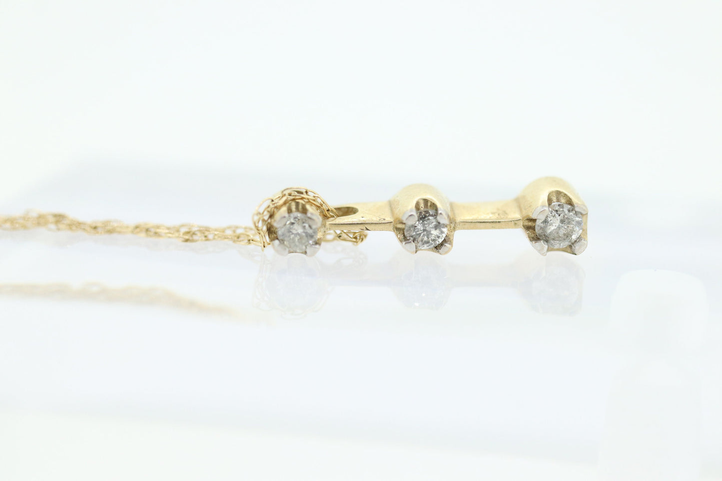 10k Diamond Pendant and Necklace. Three diamond pendant. Journey Past Present Future