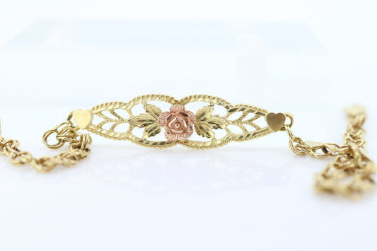 14k Flower Rose Filigree Shield Bracelet. 14k Yellow Rose gold Heart link chain filigree open shield Bracelet. st(113)