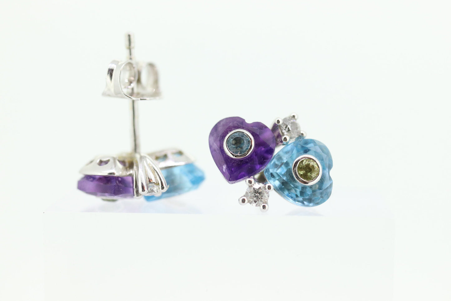 14k Amethyst and Topaz hearts and diamond stud earrings. Fun colorful earrings. st(92)