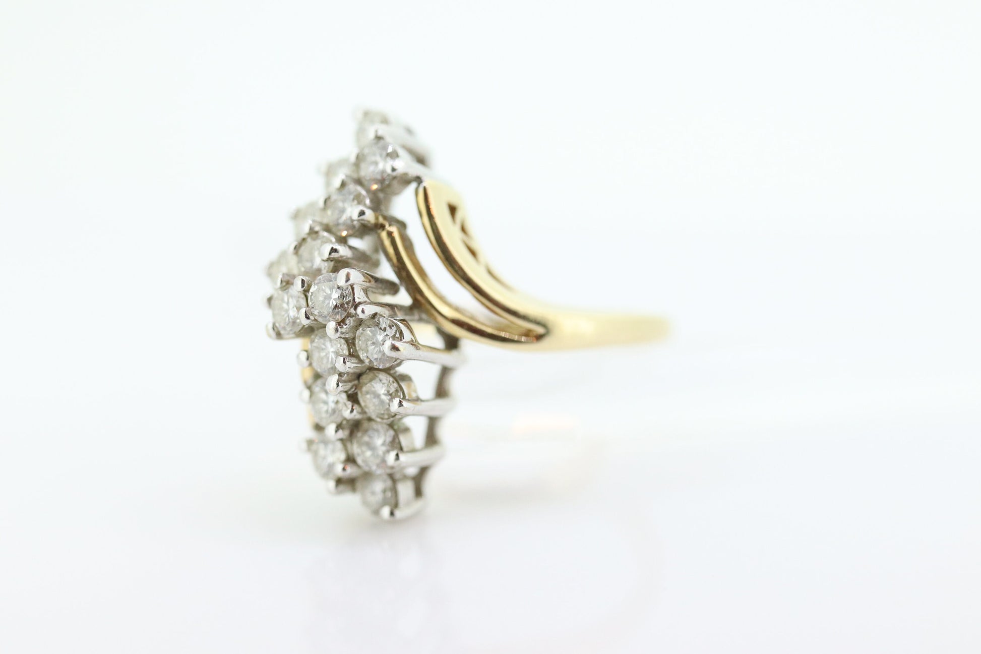 14k Yellow Gold Ring. Round Diamond Cluster Ring. Waterfall diamond. 0.96ctw diamonds st546