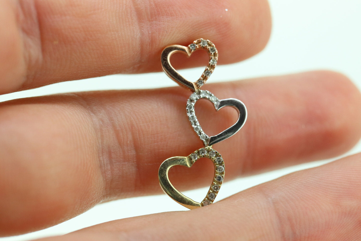 10K tricolor Triple Open Heart Diamond pendant. 10k Rose Yellow White gold.
