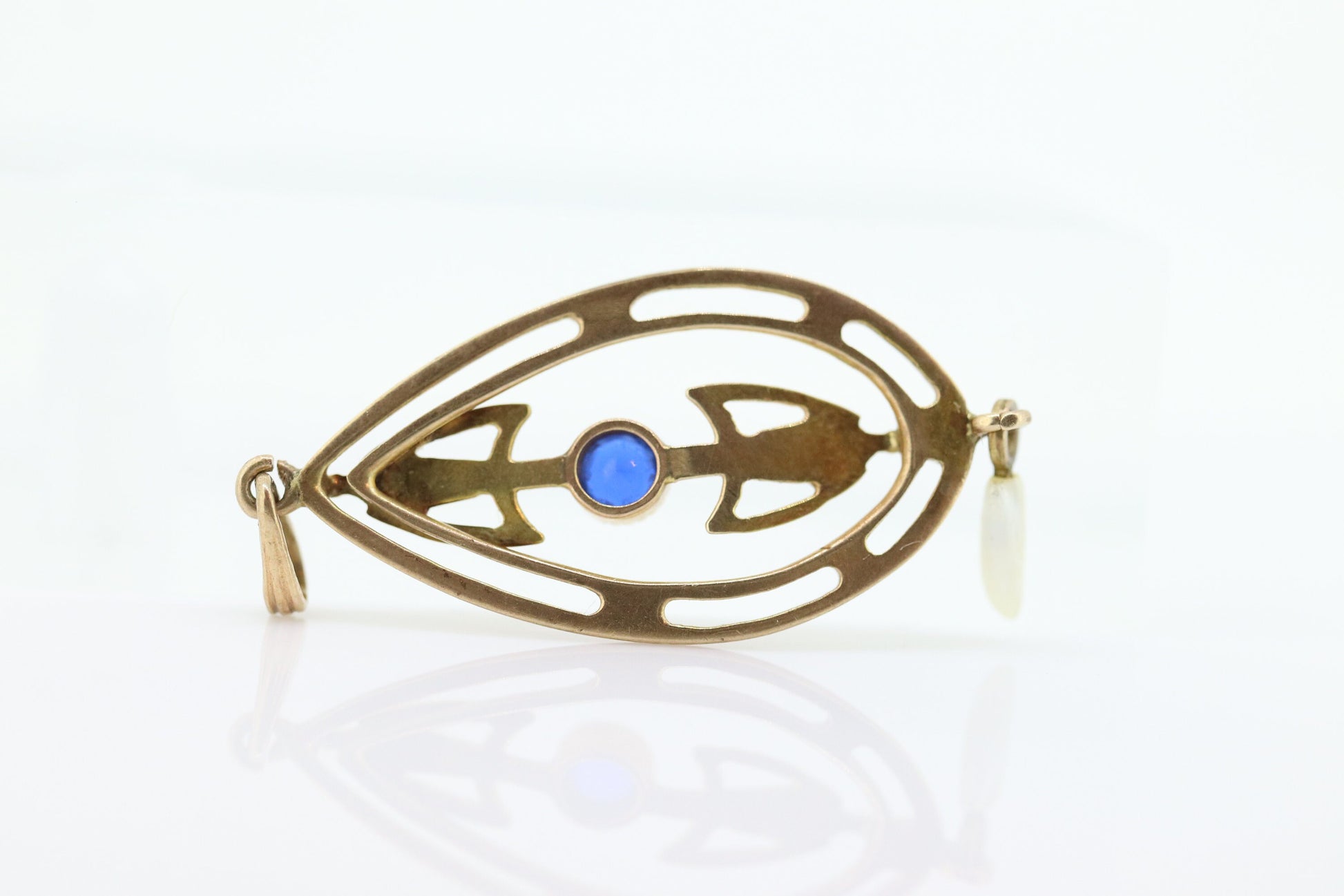 Art Nouveau Sapphire and Pearl seed Buttercup 10k gold Lavaliere