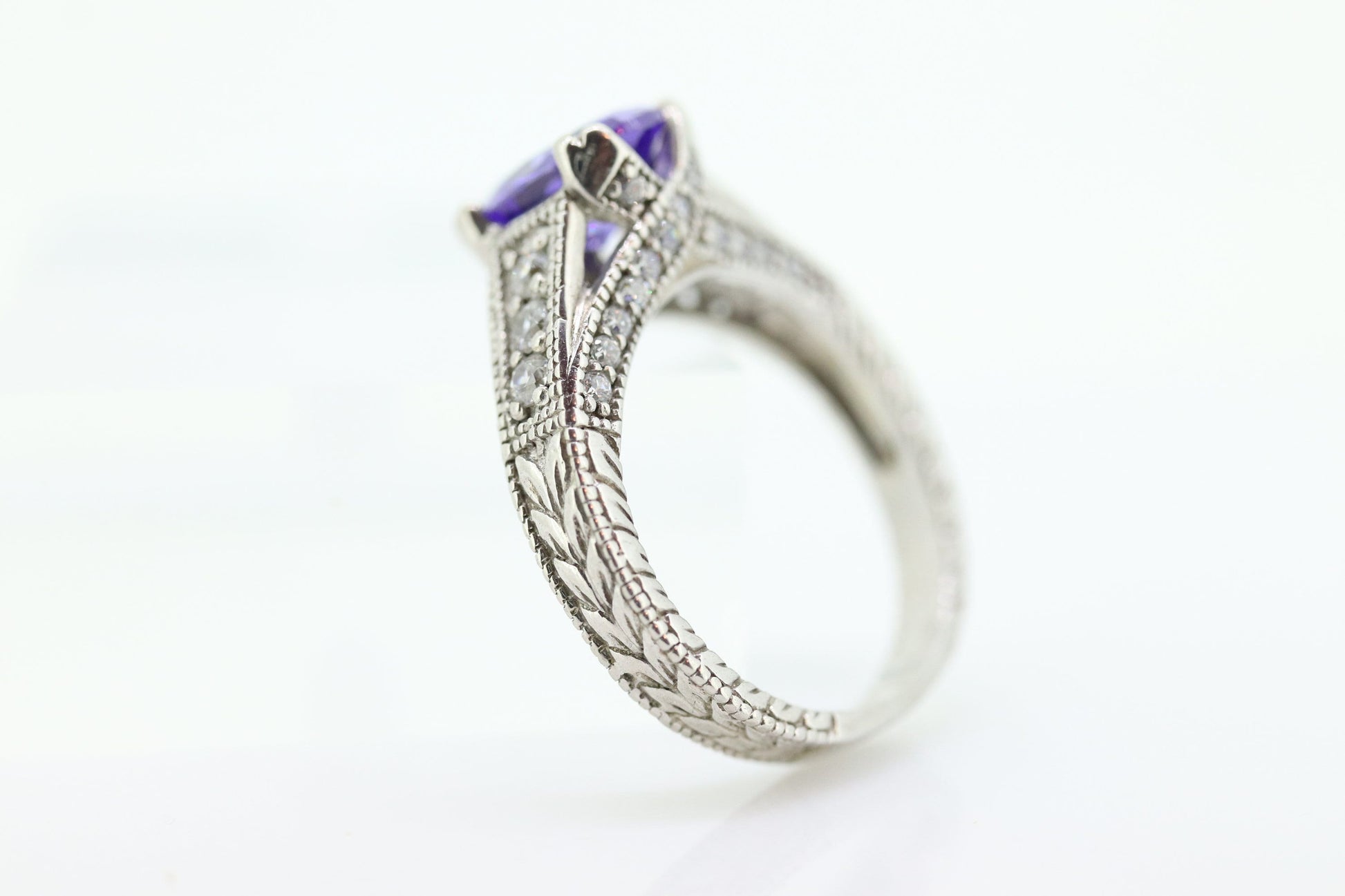 14k Purple Gem ring. 14k Engraved and CZ setting solitaire ring. st260