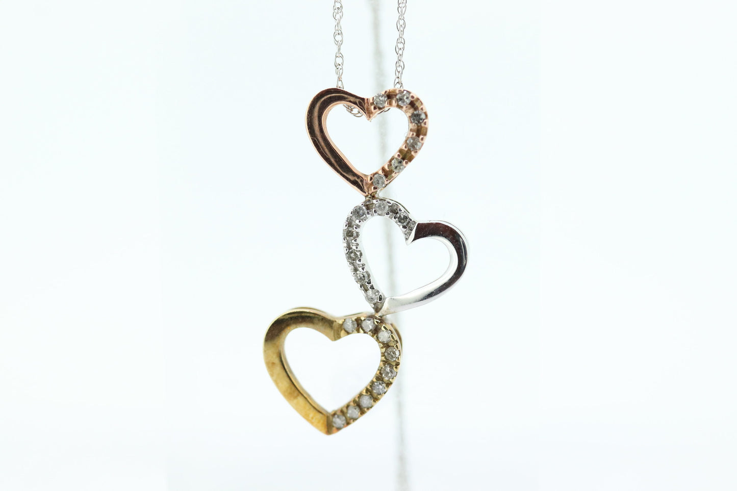 10K tricolor Triple Open Heart Diamond pendant. 10k Rose Yellow White gold. 10k necklace st44