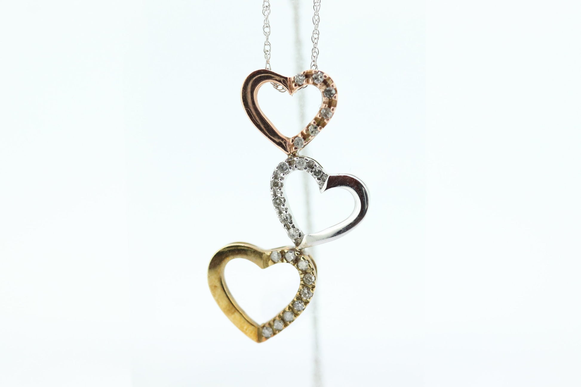 10K tricolor Triple Open Heart Diamond pendant. 10k Rose Yellow White gold. 10k necklace st44