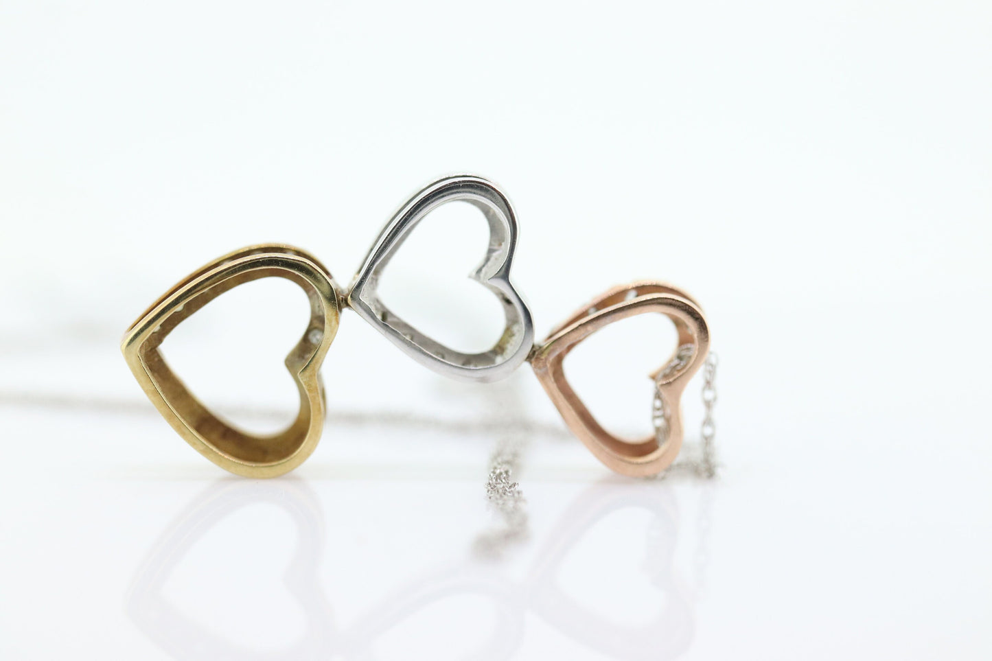10K tricolor Triple Open Heart Diamond pendant. 10k Rose Yellow White gold. 10k necklace st44