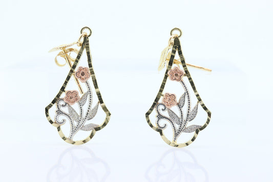 14k Gold Dangle Flower Filigree Earrings. 14k Yellow Flower chandelier earrings st(44)