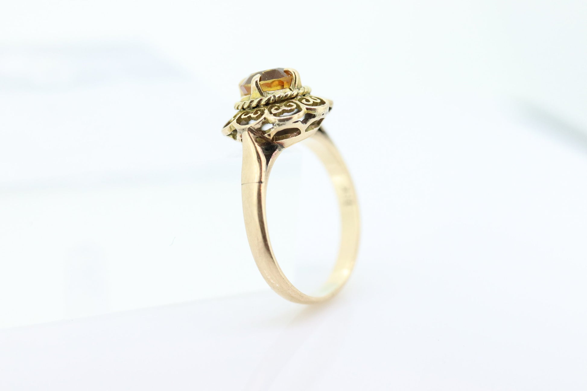 Antique Citrine Flower ring. Hand made 10k yellow gold flower Filigree ring