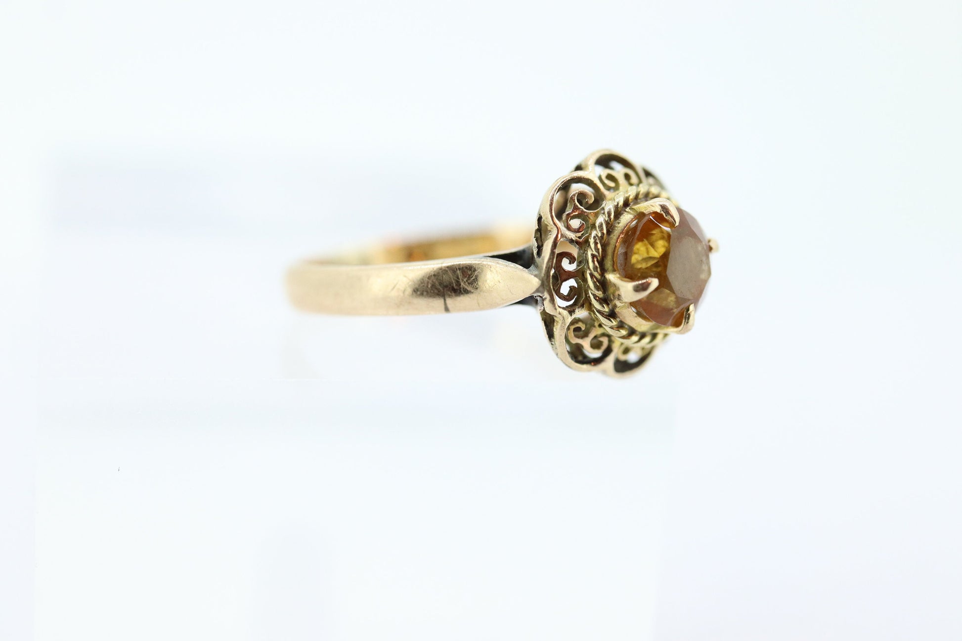 Antique Citrine Flower ring. Hand made 10k yellow gold flower Filigree ring
