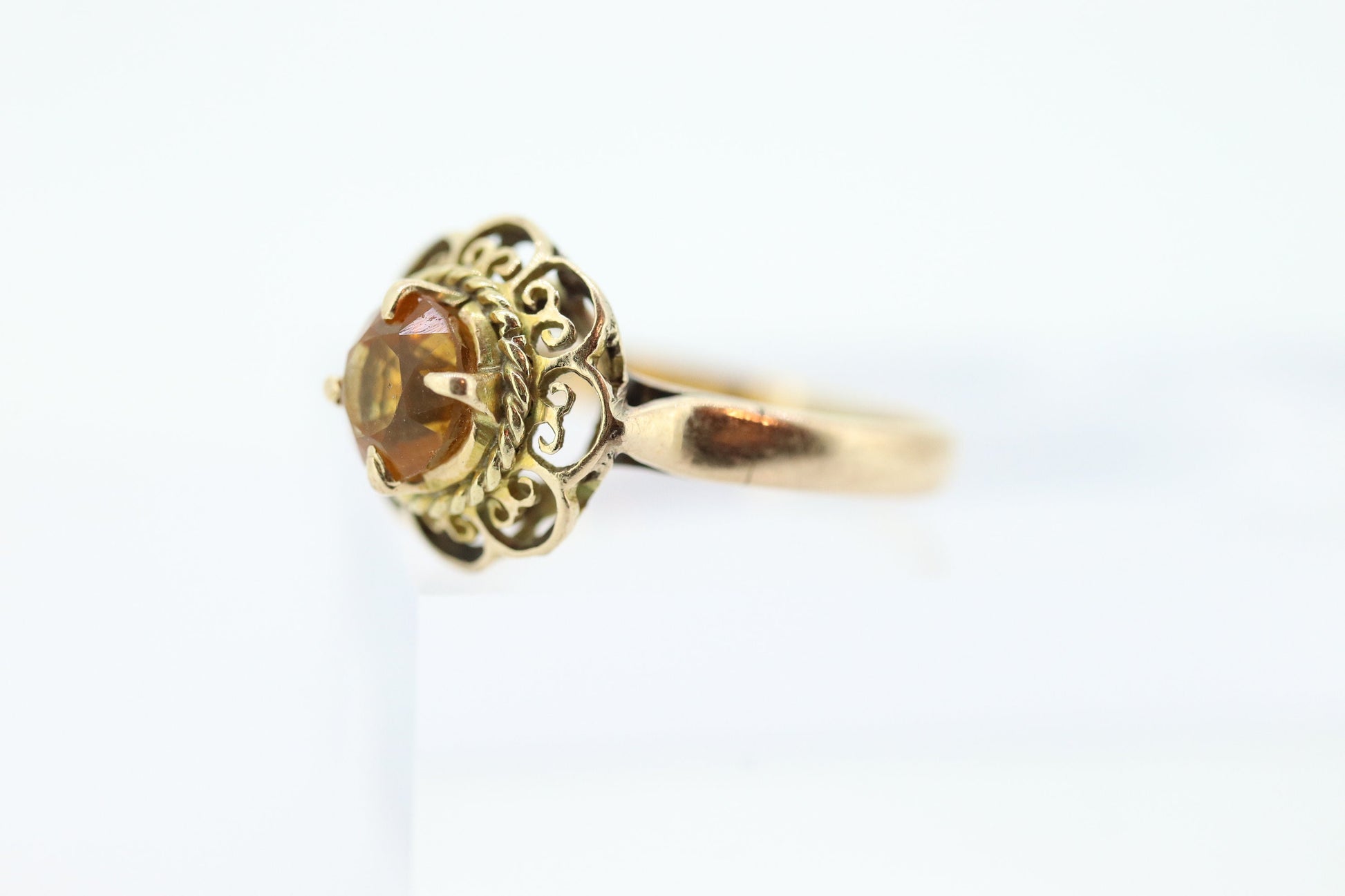 Antique Citrine Flower ring. Hand made 10k yellow gold flower Filigree ring