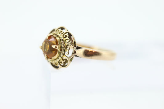 Antique Citrine Flower ring. Hand made 10k yellow gold flower Filigree ring