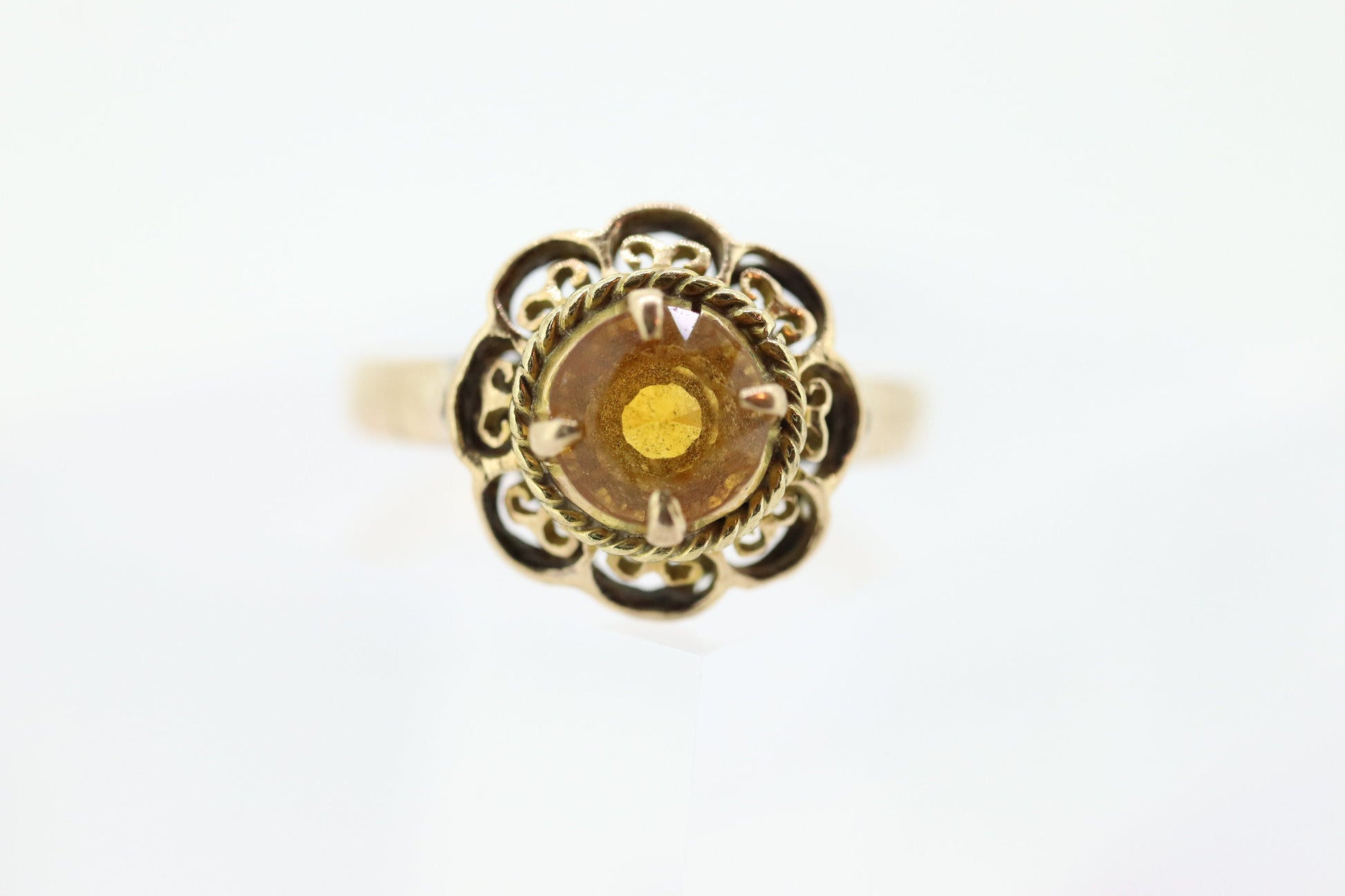 Antique Citrine Flower ring. Hand made 10k yellow gold flower Filigree ring