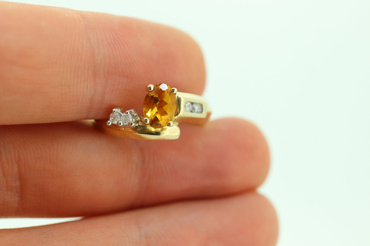 10k Citrine solitaire with Diamonds Ring. Citrine bypass statement ring. (st80/50)