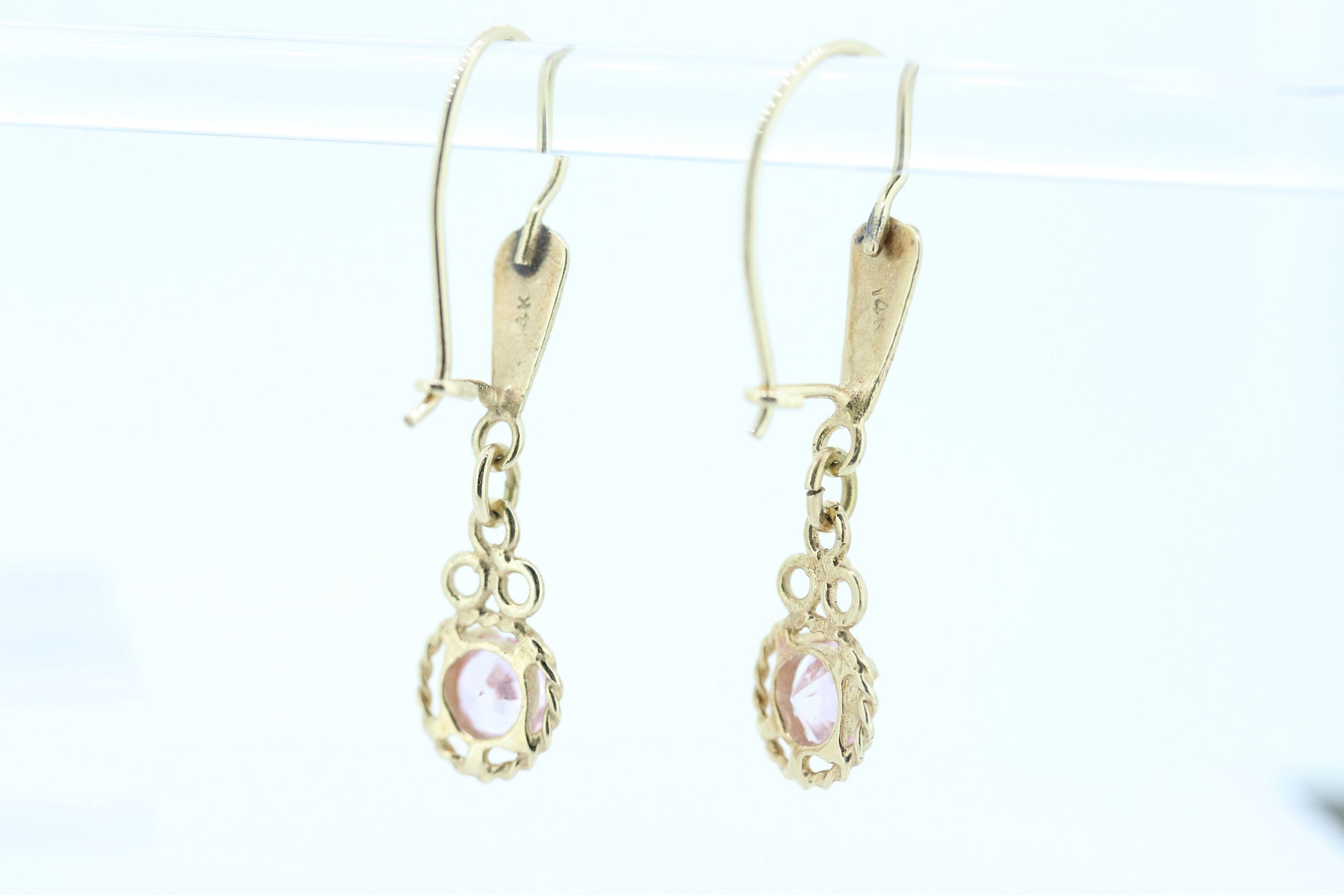 14k PINK Sapphire Dangle Earrings. PINK Sapphire Prong Earrings. st(110)