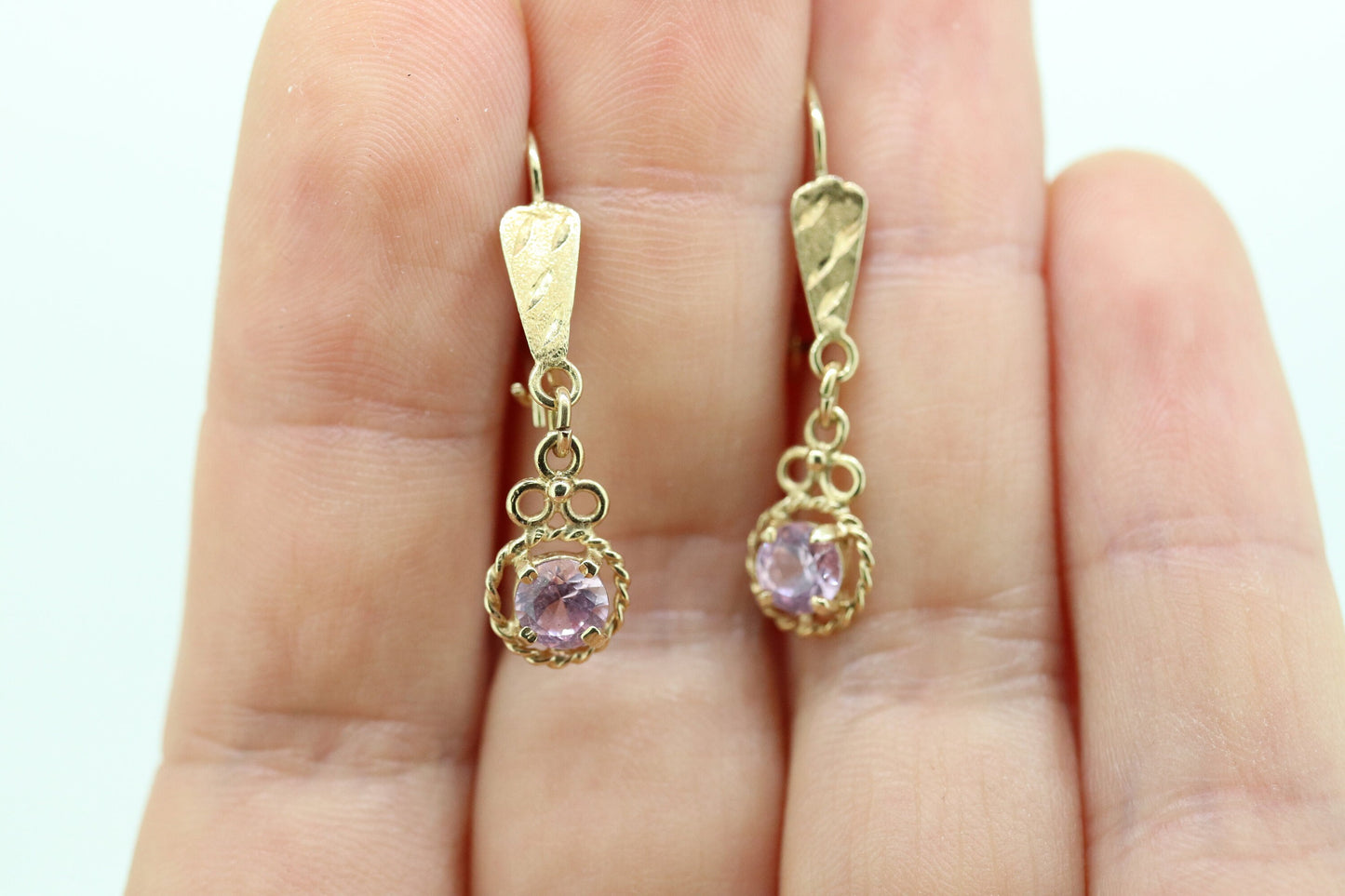 14k PINK Sapphire Dangle Earrings. PINK Sapphire Prong Earrings. st(110)