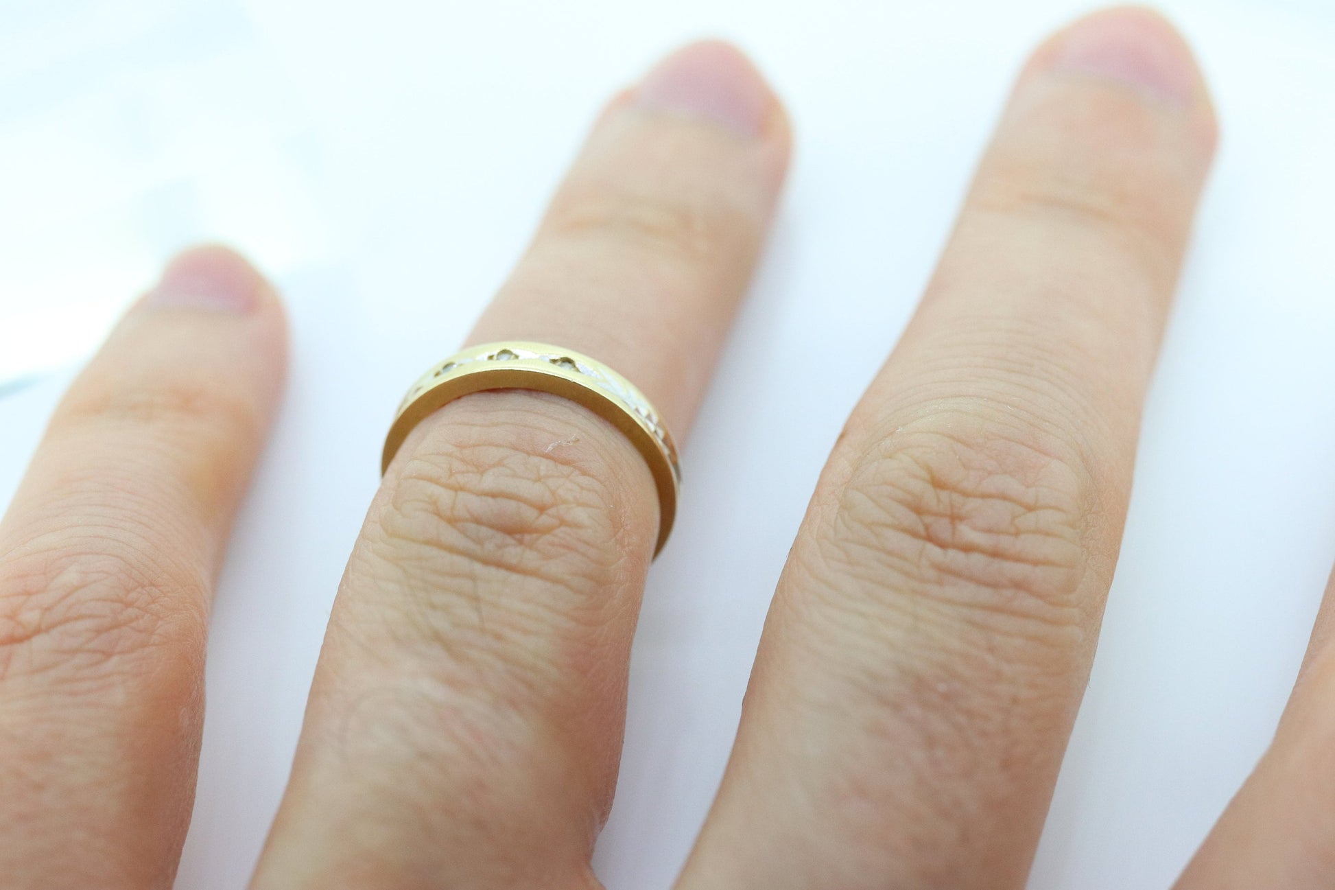 ARTCARVED 14k Gold Diamond Band. Art carved engraved textured band. Jr Wood Art Deco Diamond. st132
