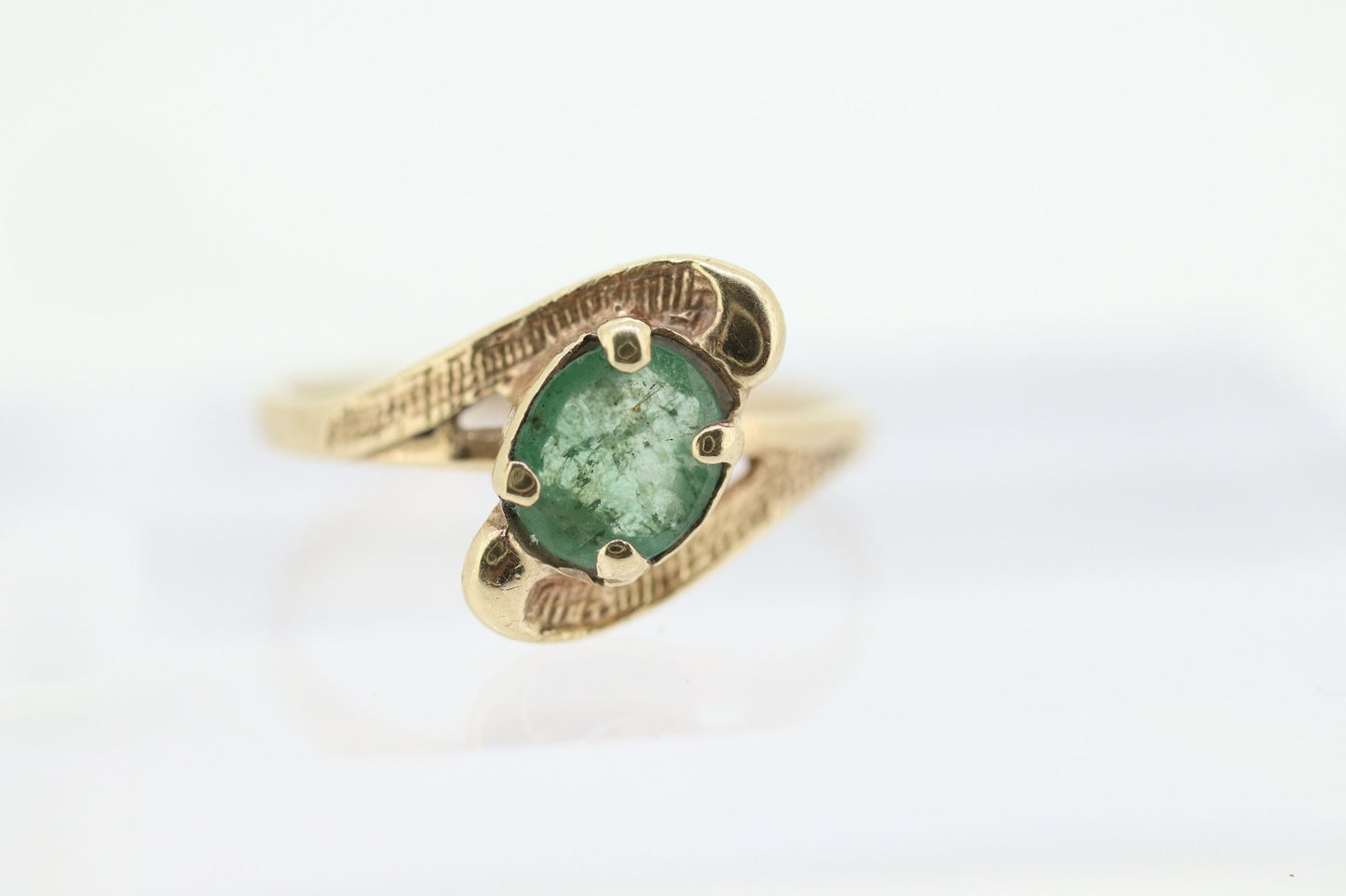 14k Oval Natural Emerald Yellow gold bypass ring. Genuine Natural Emerald Ring. st(88)