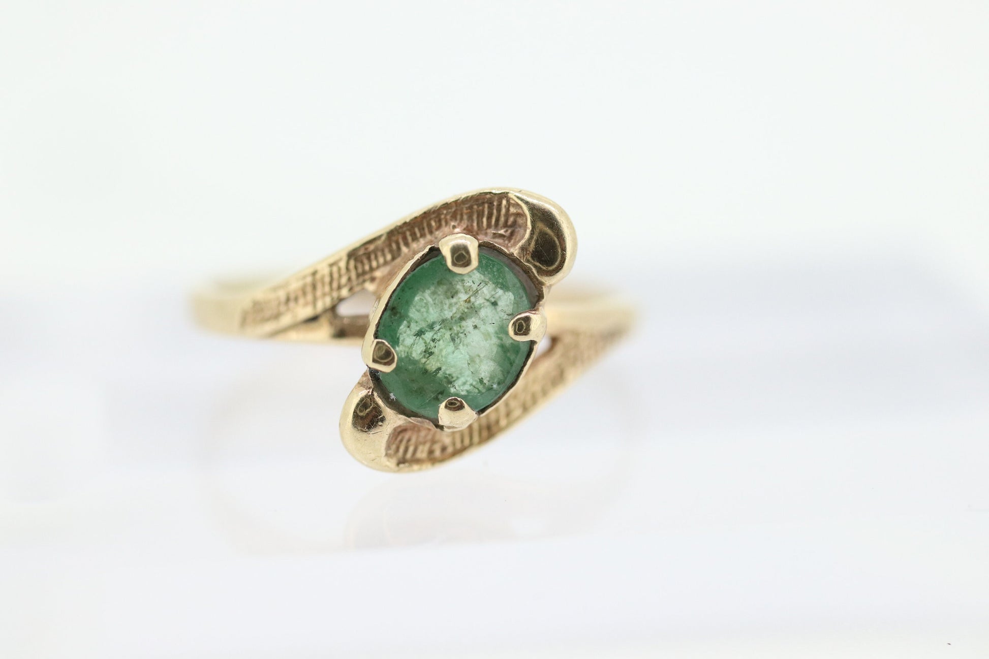 14k Oval Natural Emerald Yellow gold bypass ring. Genuine Natural Emerald Ring. st(88)