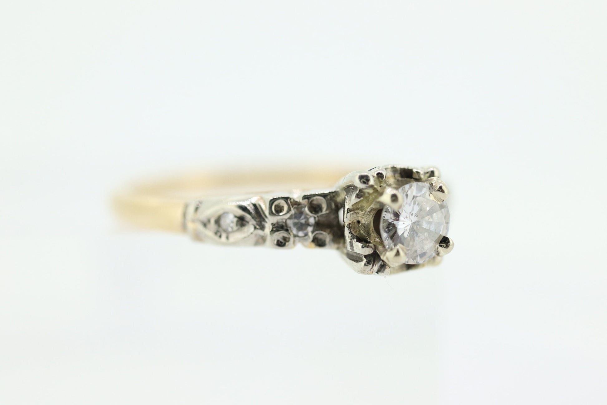 Art Deco Diamond Solitaire filigree Ring. 14k Gold Old European Cut diamond  square Ring  st(207)