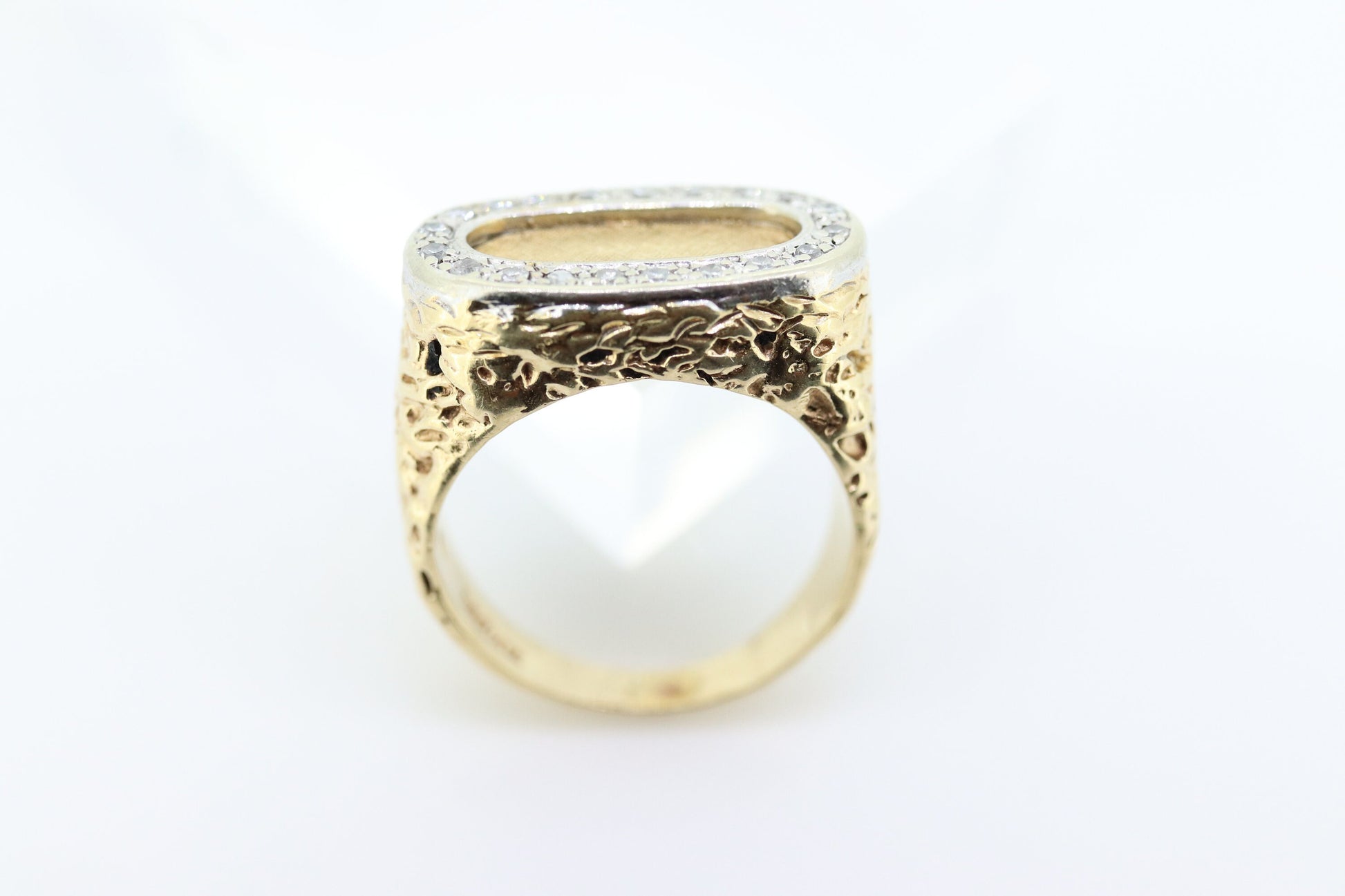 14k Diamond Flat signet  ring.  Diamond outline set into Signet travertine band. Nugget Shank cocktail ring st(460/11)