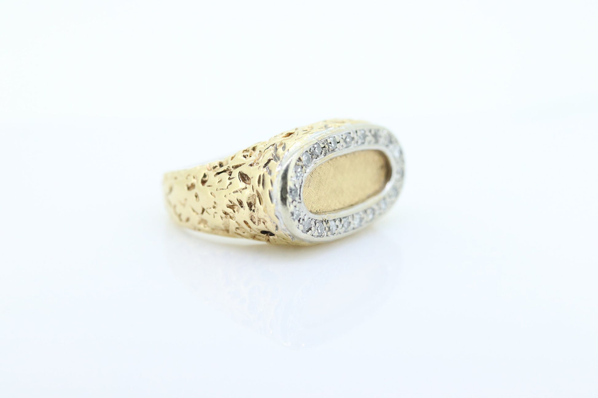 14k Diamond Flat signet  ring.  Diamond outline set into Signet travertine band. Nugget Shank cocktail ring st(460/11)
