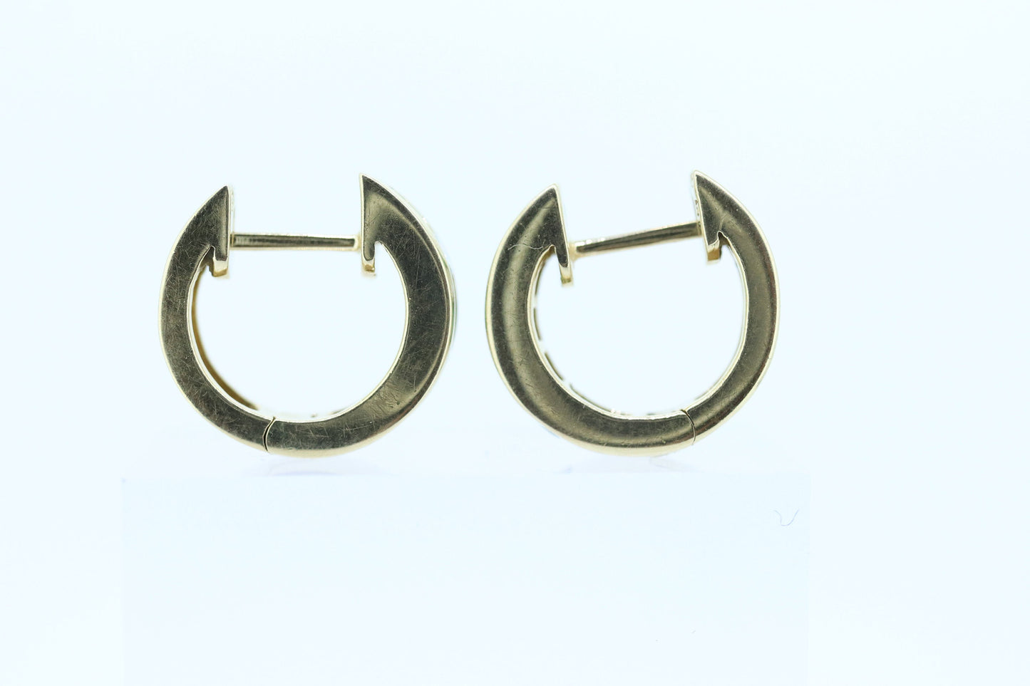 14k EMERALD and Diamond Hoop Earrings. 14k Emerald Diamond Channel Huggie Hinged Earrings st(115)