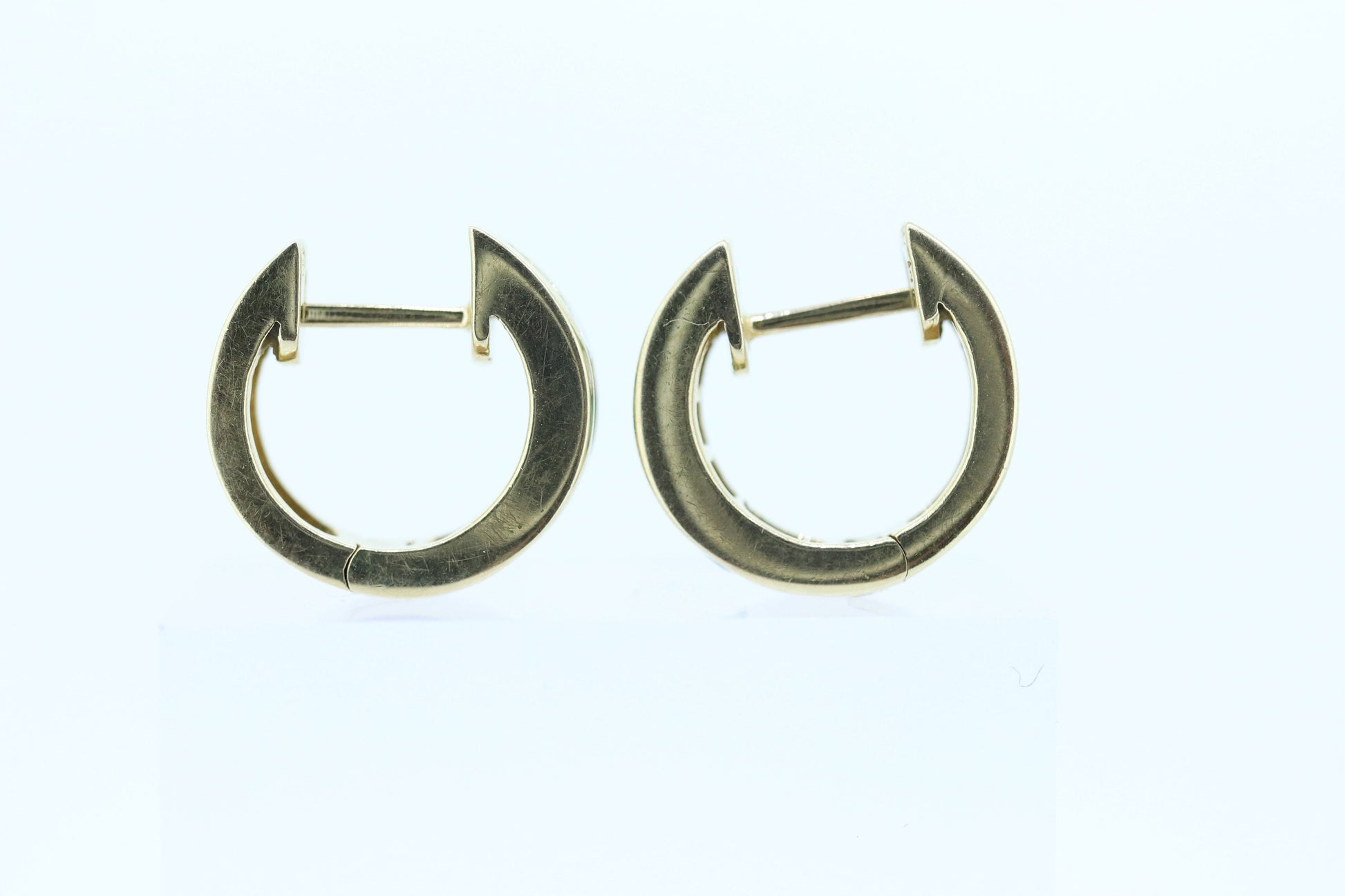14k EMERALD and Diamond Hoop Earrings. 14k Emerald Diamond Channel Huggie Hinged Earrings st(115)