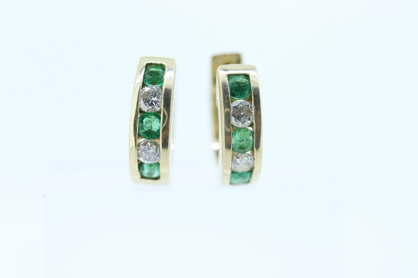 14k EMERALD and Diamond Hoop Earrings. 14k Emerald Diamond Channel Huggie Hinged Earrings st(115)