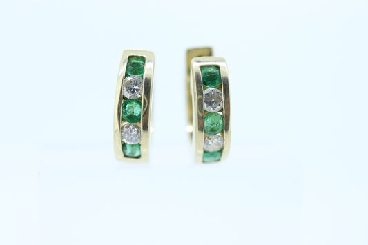 14k EMERALD and Diamond Hoop Earrings. 14k Emerald Diamond Channel Huggie Hinged Earrings st(115)