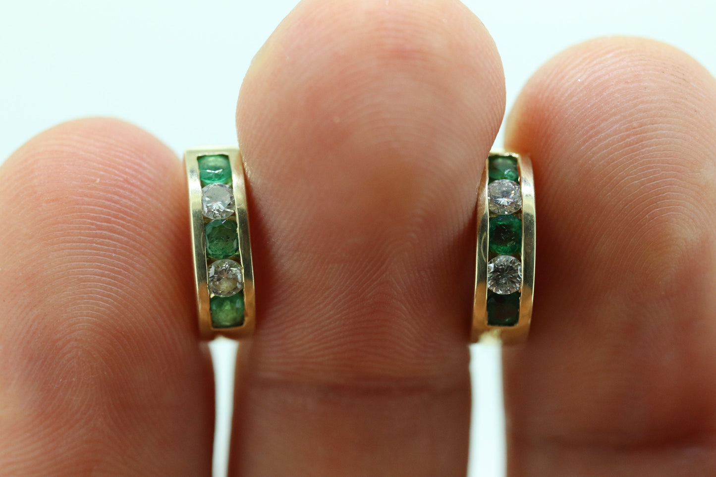 14k EMERALD and Diamond Hoop Earrings. 14k Emerald Diamond Channel Huggie Hinged Earrings st(115)
