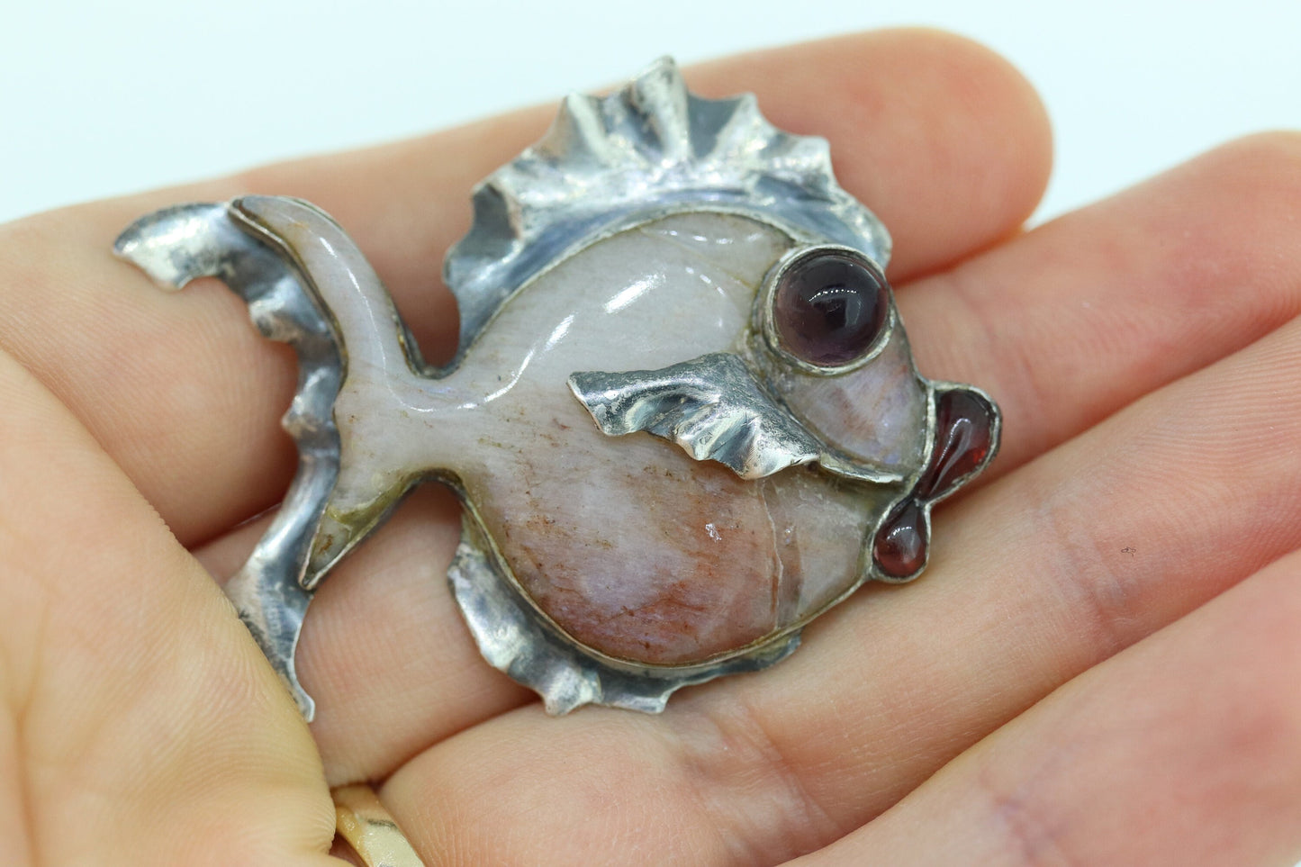 FISH sterling silver brooch. Vintage Large 925 Sterling Silver Fish Quartz Brooch pin. st(15)
