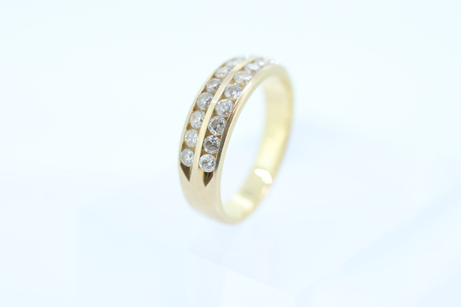 14k Double Row Diamond Wedding Band. Two row diamond channel ring eternity infinity wide band. Comfort fit. st(119)