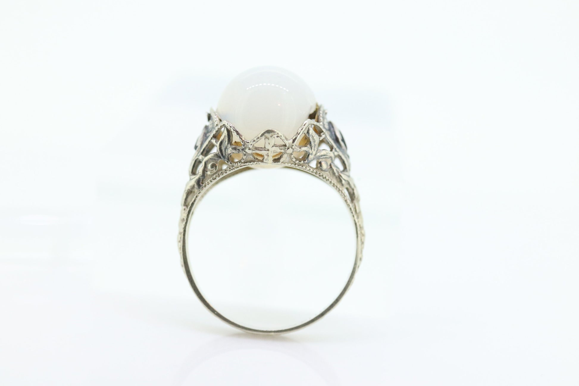 14k DELTAH MOONSTONE and Sapphire ring. White Gold Engraved with Sapphire and White Moonstone ORB sphere cabochon ring. st(30)