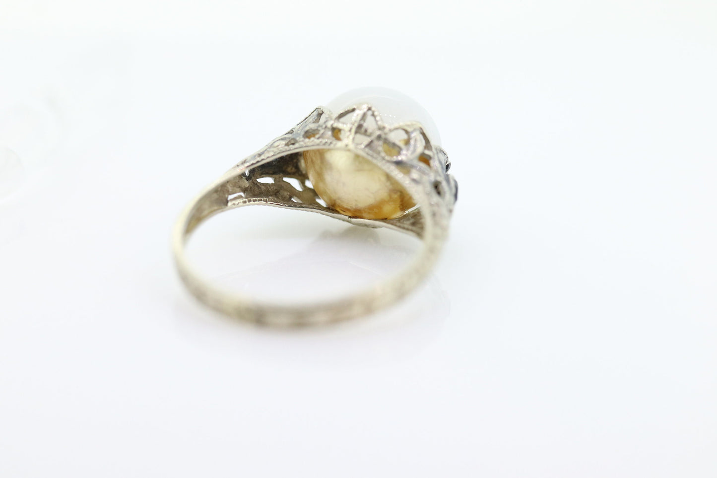 14k DELTAH MOONSTONE and Sapphire ring. White Gold Engraved with Sapphire and White Moonstone ORB sphere cabochon ring. st(30)