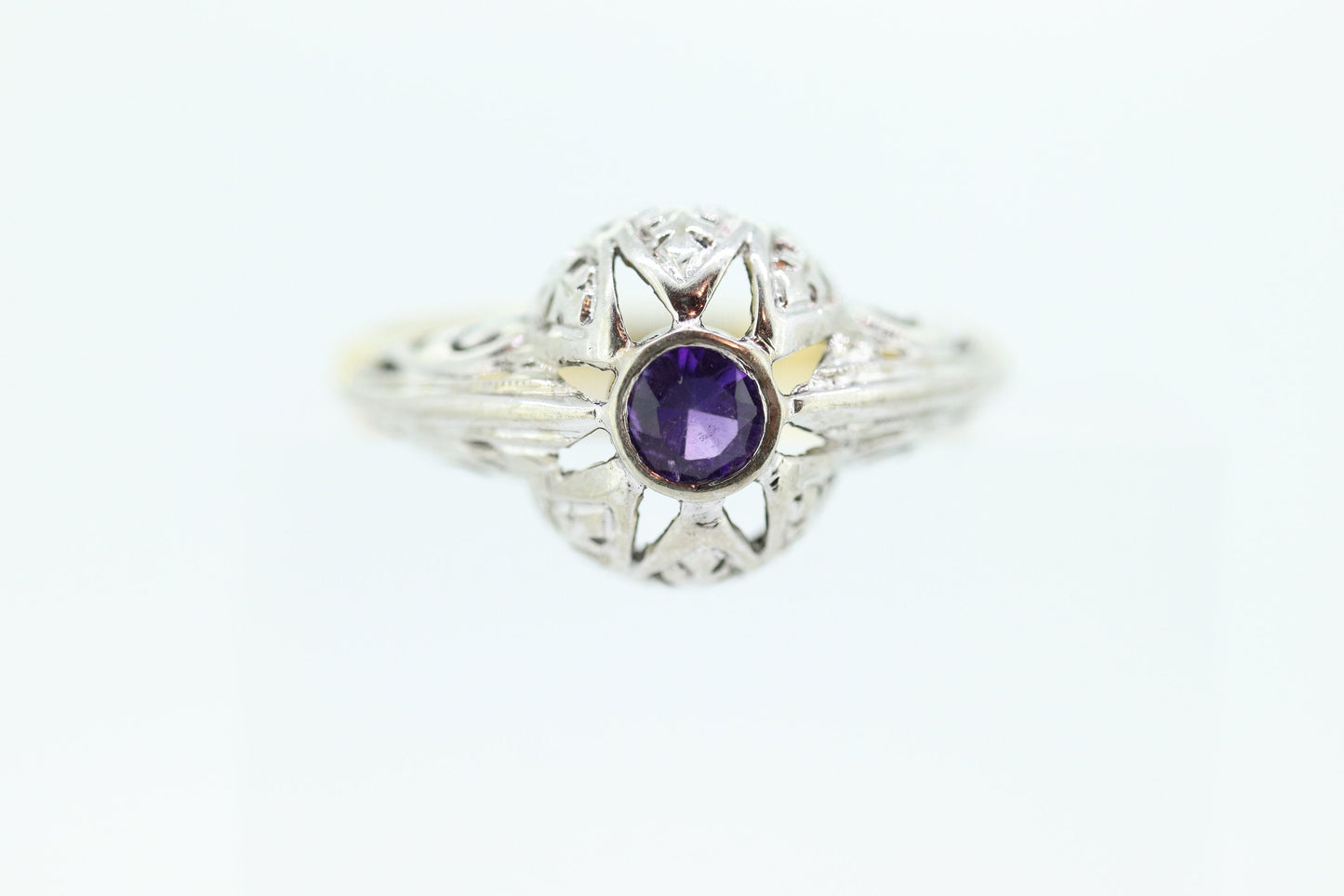 Art Deco Amethyst Ring. 18k White Gold Filigree Design. Engagement Ring from Art Deco 1920 Era. Statement band. February Stone